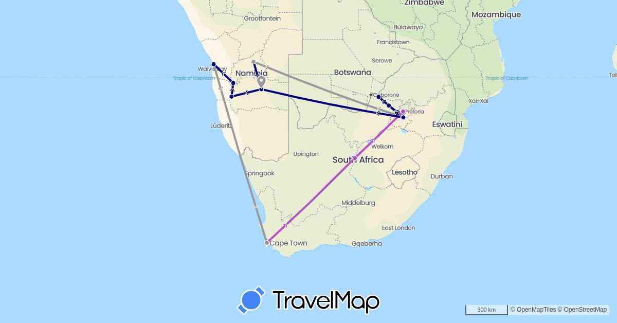 TravelMap itinerary: driving, plane, train in Namibia, South Africa (Africa)